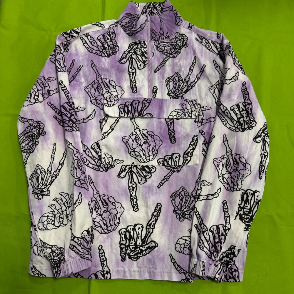 Lazy Oaf Purple Tie Dye Skeleton Hand Quarter Zip Pullover Jacket Medium